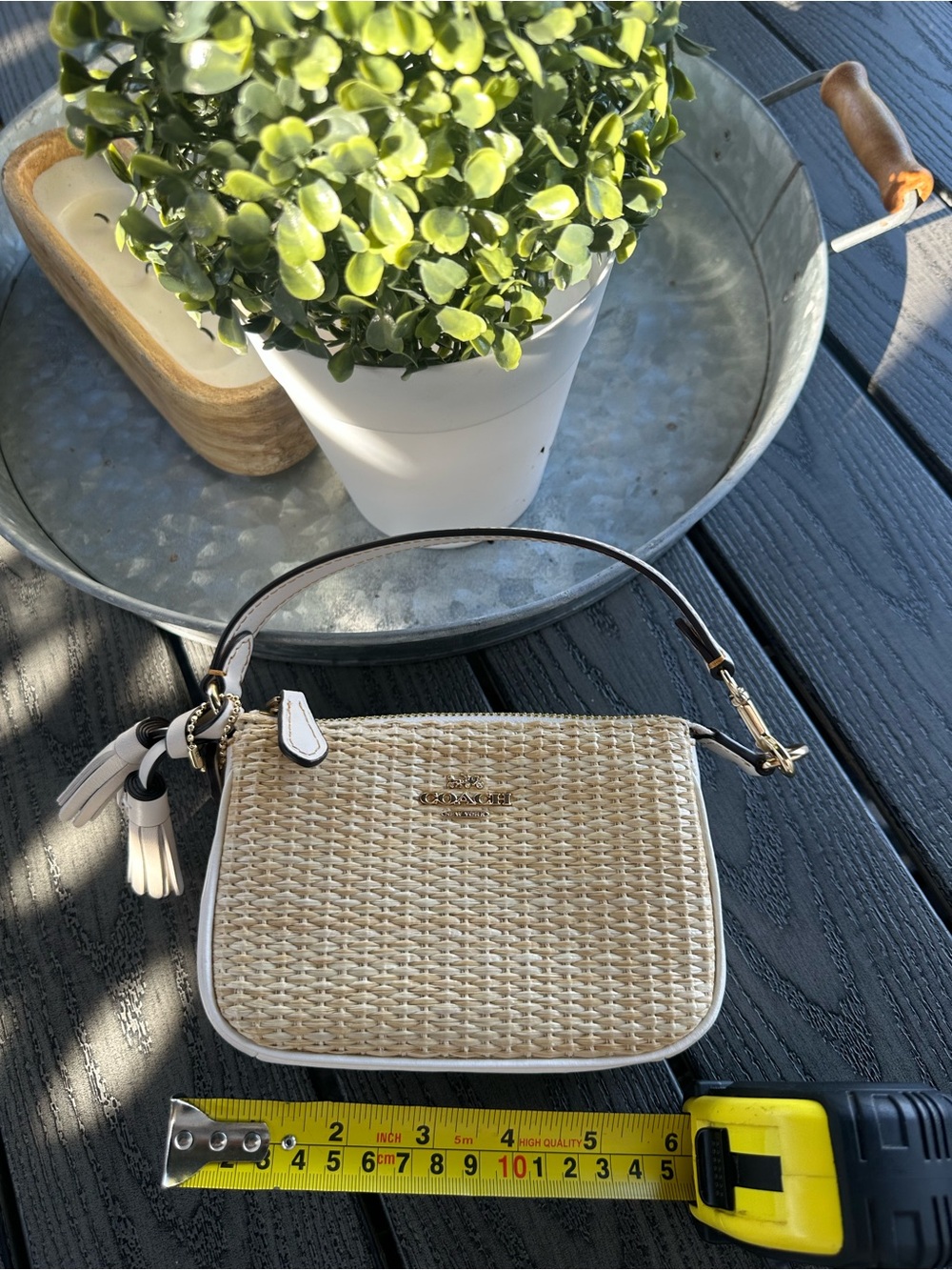 Coach Straw tassle compact Bag in Beige and White